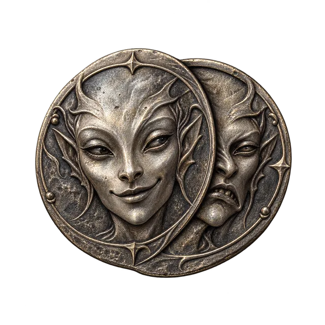 an item resembling two merged coins with varying faces
