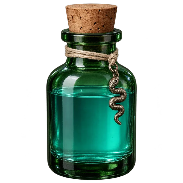 a bottle of green liquid with a snake chain