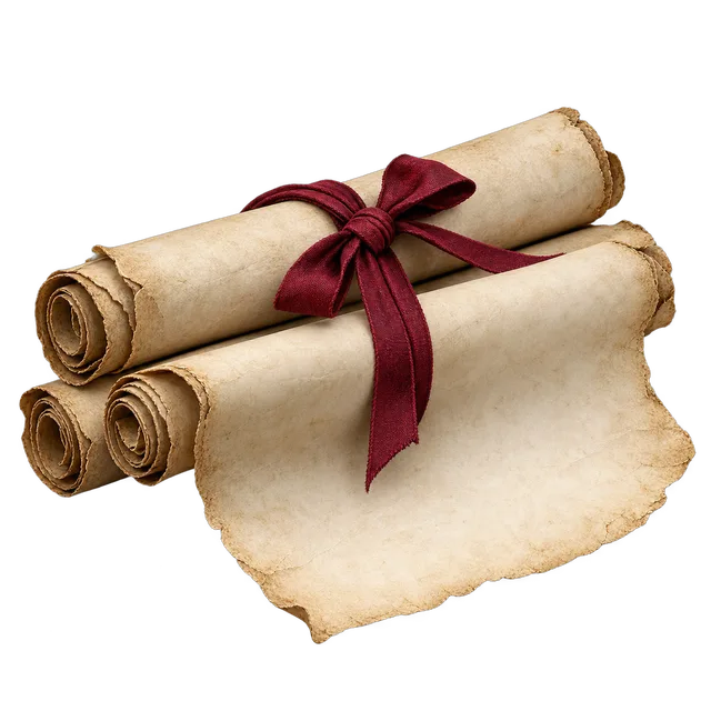 a bunch of empty script paper with a ribbon