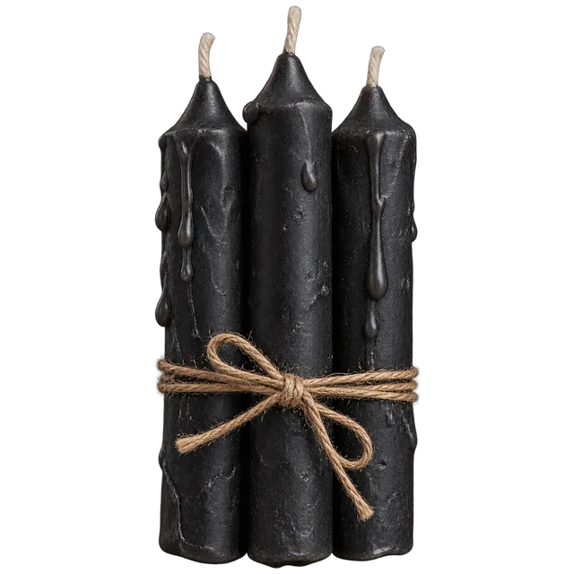 three thin black candles, tied with a fabric string